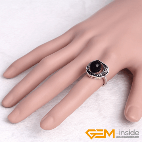 Natural Gemstone Charms Rings Jewelry Tibetan Silver Marcasite Women Gift 6#-8# - Picture 11 of 43