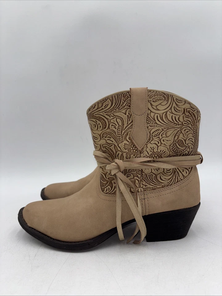 Dingo VALERIE Taupe Floral Tooled Knotted Pull On Western Boots Women’s 7.5 M - Image 3 of 4