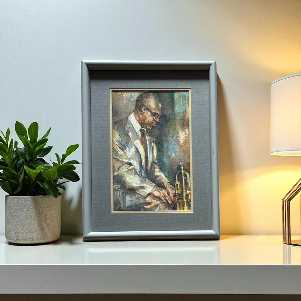 Ann Delorge Original Vintage Jazz Músico Acuarela Retrato Pintura Decoración Foto 2 de 4