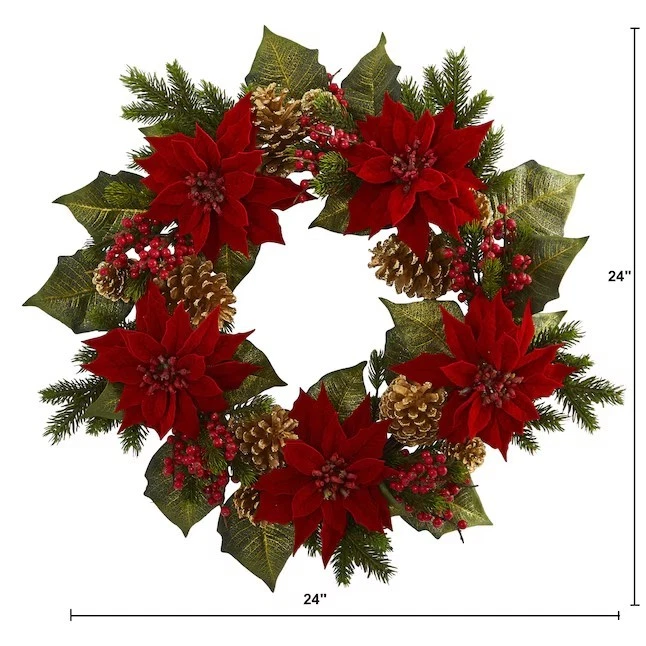 Brand New Nearly Natural 24" Poinsettia Berry & Golden Pinecone Christmas Wreath - Image 2 of 4