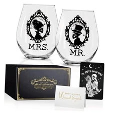  Skull Wine Glass 2 Piece with Gift Box, Zombie Design, Mrs Mr Set of 2