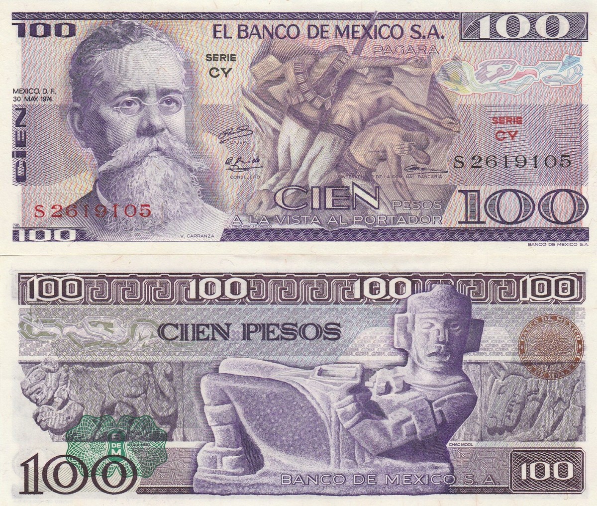 Mexico: 100 Pesos Carranza May 30, 1974 El Banco de Mexico UNC. | eBay