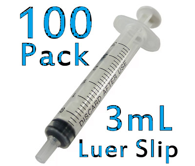 100 Pack 3mL Luer Slip Syringes without Needle, Disposable, Sterile