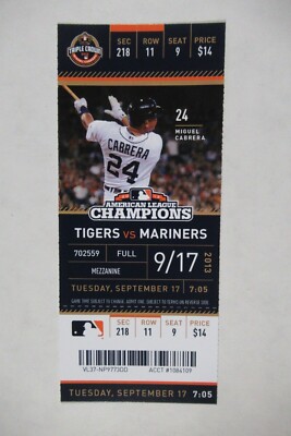 DETROIT TIGERS VS MARINERS 9/17/2013 FULL TICKET ~ CABRERA (HR #44/RBI #134)
