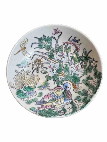 Macau Asian Hand Painted Lotus Floral Porcelain 7" Bowl Bird Goldfish Dragonfly