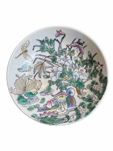 Macau Hand Painted Asian Lotus Floral Porcelain 7" Bowl Dragonfly Goldfish Bird - Picture 1 of 10