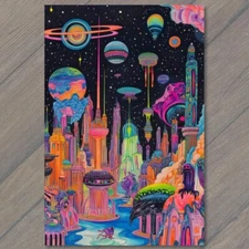 Art Print Futuristic Cityscape Neon Sci-Fi Alien World Space Scene Planets