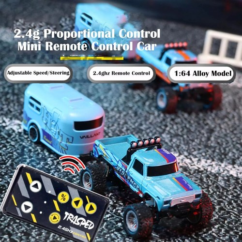 Mini RC Monster Truck USBC Rechargeable Underflow with Trailer,1:64 Scale Alloy - Picture 2 of 18