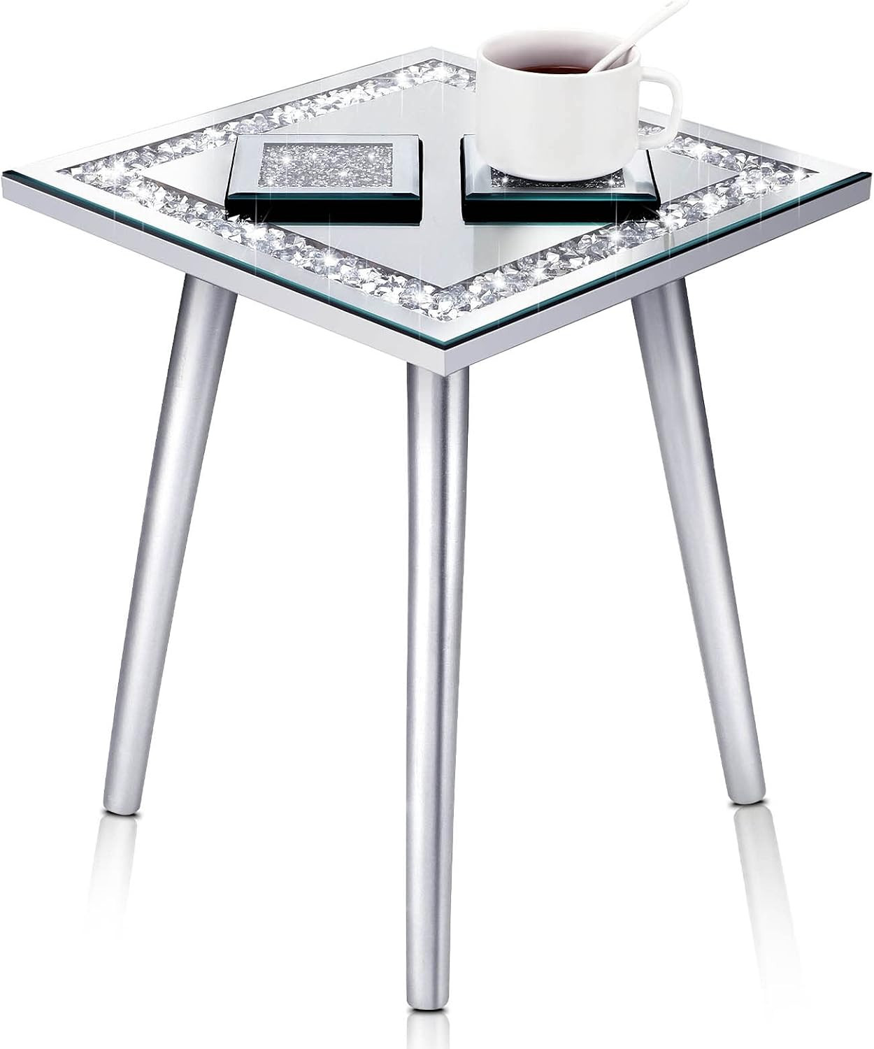 Mirrored End Table with Glass Mirrored Coasters Modern Silver Accent Table Bling