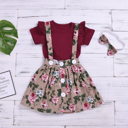 Baby Girl Dress with Headband Ruffles T-shirt Top Flower Print Dress Skirts Set - Picture 5 of 37