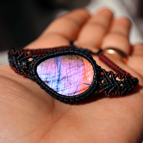 Bracciale Cristallo Macramè Fatto a Mano Naturale Labradorite Viola Flash Bellissimo - Foto 10 di 11