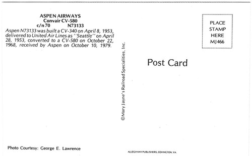 Vintage Airplane Airlines Chrome Postcard Aspen Airways Convair CV-580 - Picture 2 of 2