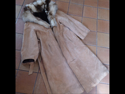 manteau long croûte de cuir de porc, daim chaud, fourré