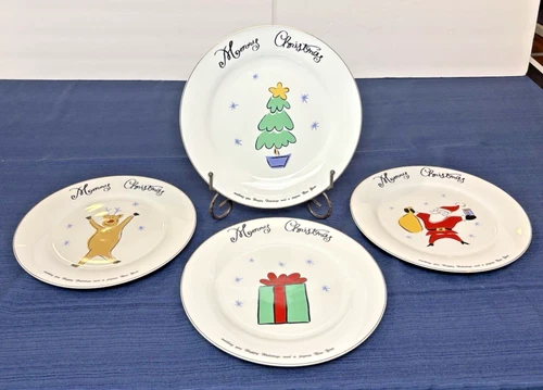 Merry Brite (MB) “Merry Christmas”  10 5/8" Dinner Plates Gold Rim - Set of 4