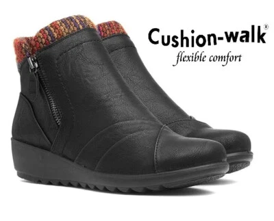 Cushion Walk Ladies Black Womens Comfort Ankle Boots Zip Shoes New UK Sizes 4-8