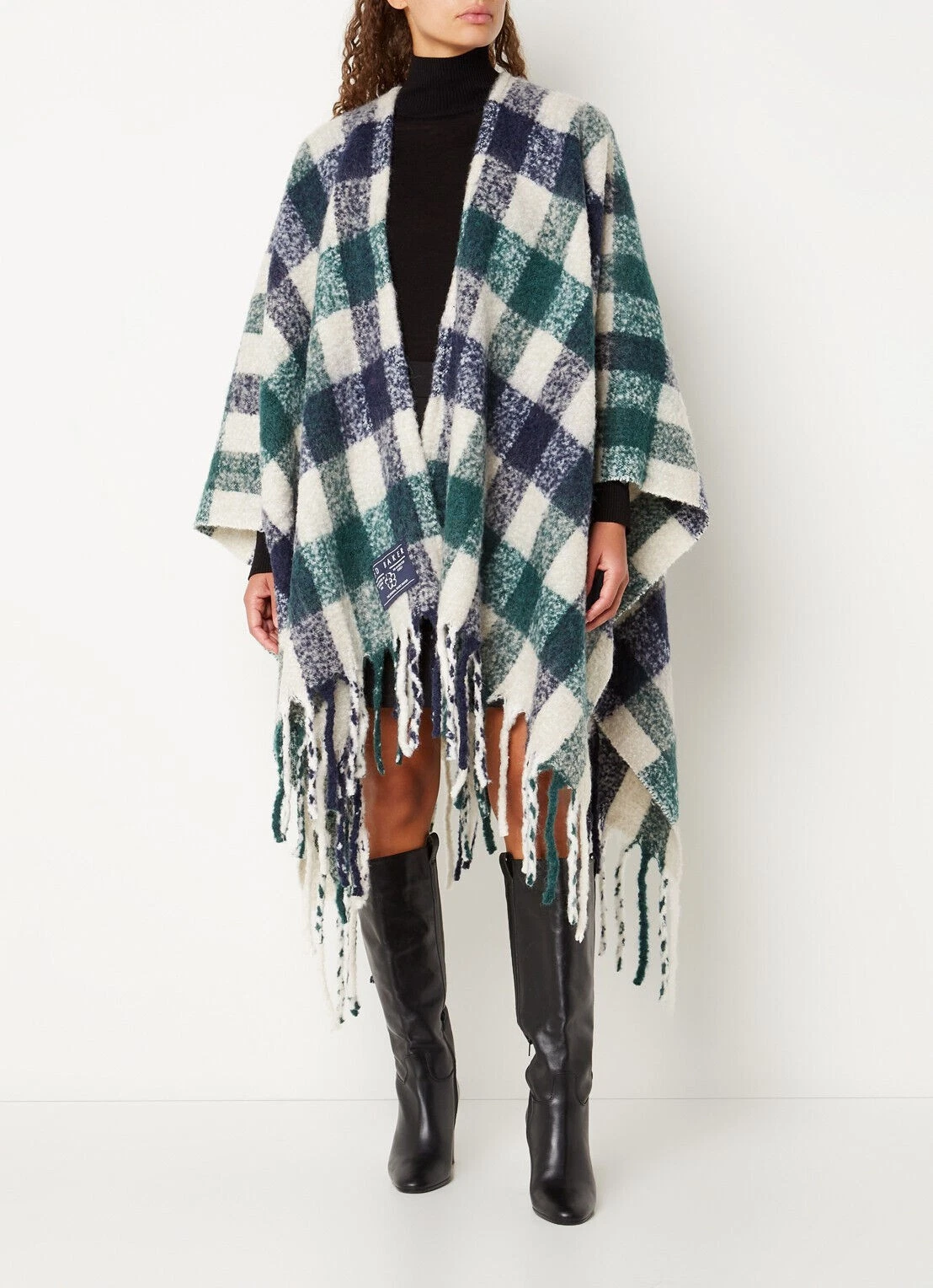TED BAKER Maisii check plaid print fringe trim draped poncho blanket cape wrap
