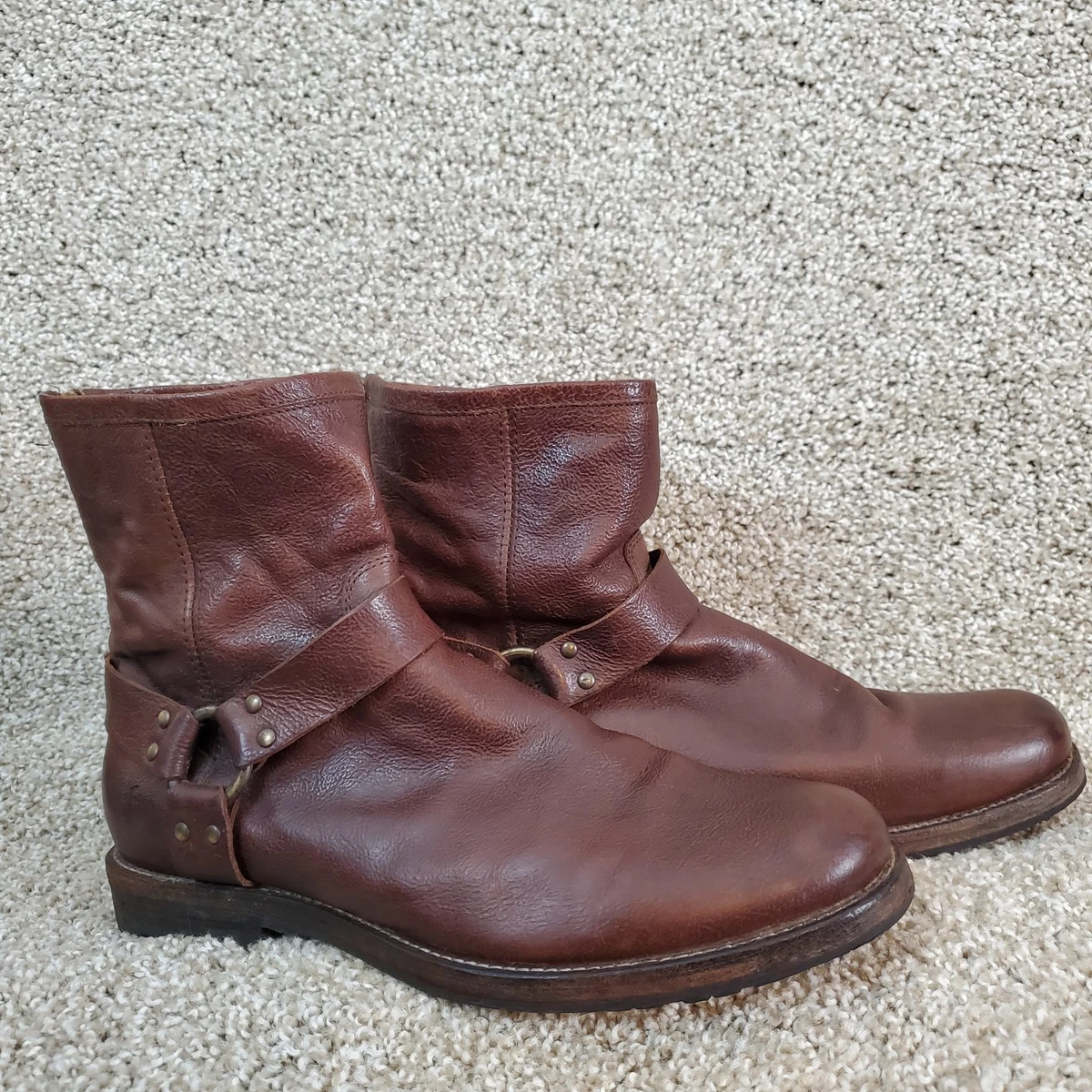 Frye Men\'s Cognac Brown Leather Buckle Zip Boots - Engineer/Moto Frye brown moto boots w buckles, back zipper | Mercari main image 2