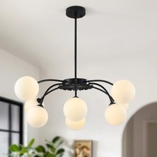 Mid-Century Modern 8-Light Sputnik Chandelier with Milky White Glass Globe Shade