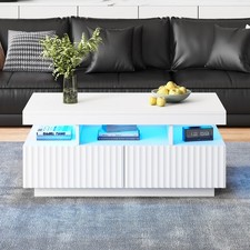 Coffee Table w/ Storage Drawers, LED Lights & Open Shelf, White for Living Room