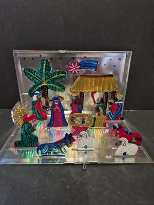 Vintage Mexican Tin Nativity Scene Creche Colorful 3-D Diorama Folds Up Flat