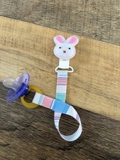 Bunny Ribbon Baby Pacifier holder clip strap, binky leash-Handmade-Free Ship