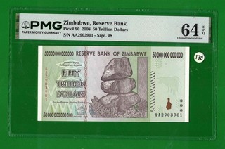 Zimbabwe 50 Trillion Dollars 2008 P#90 AA Prefix PMG 64 EPQ Choice UNC Lt 138