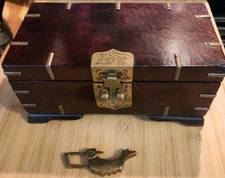 Vtg Asian Burl Wood Brass Chest Chinese Money Jewelry Wedding Box W lock 9x5x4"