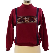 80s Vintage Heart Print Sweatshirt Womens S Dark Red Burgundy Stripe Cottagecore