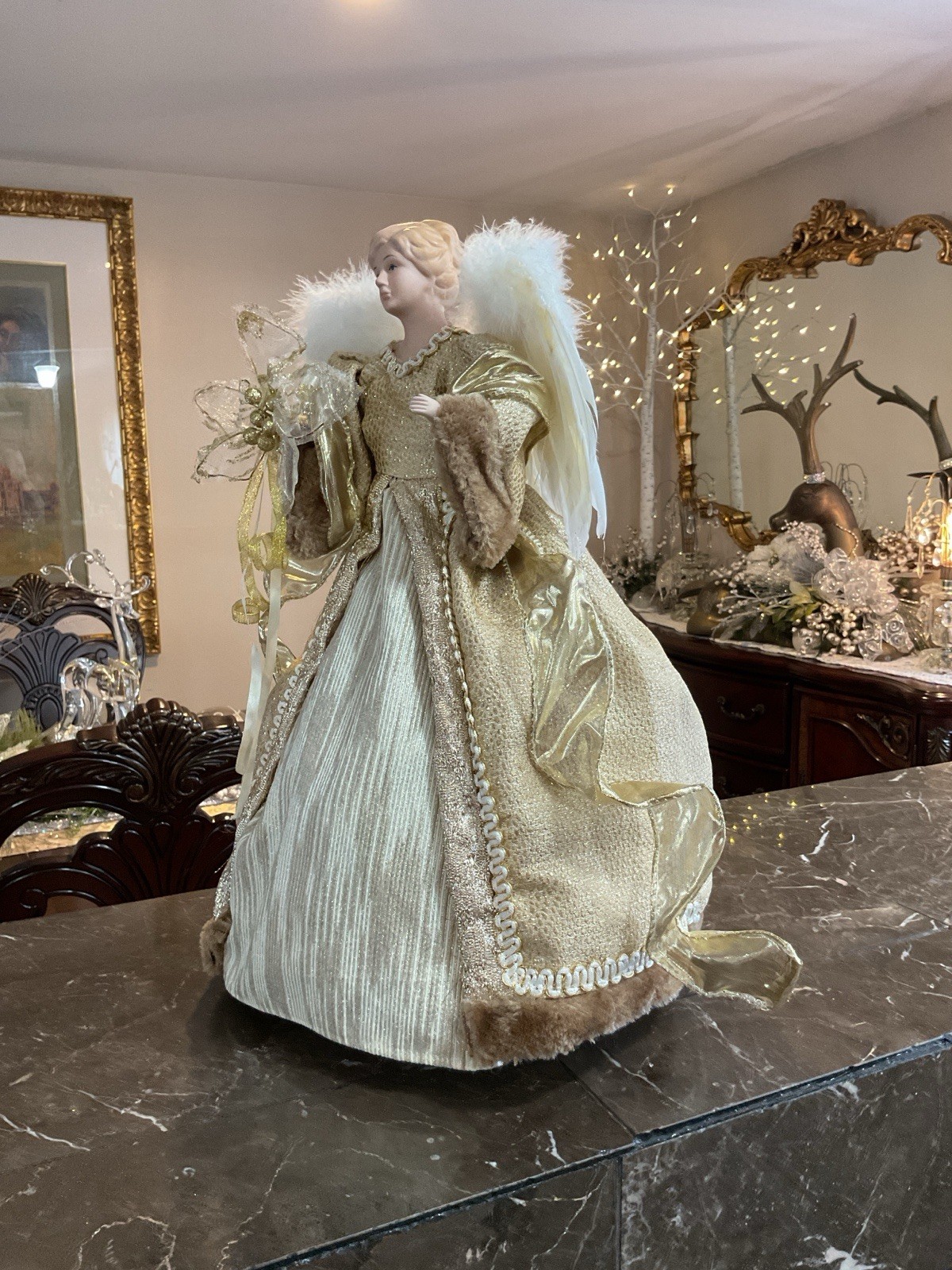 Christmas Angel Tree Topper Ivory Gold And Brown Elegant Gown 17” Stunning