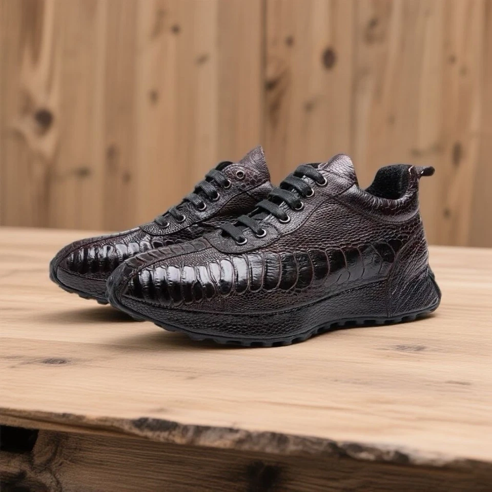 Tenis informales de cuero de avestruz genuino para hombre, zapatos informales de cuero exótico de lujo para hombre Foto 2 de 4