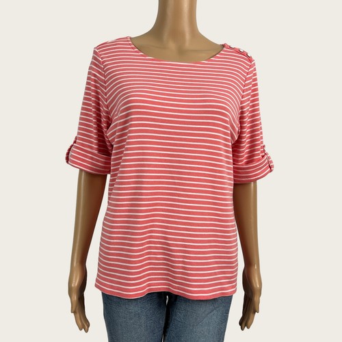 Christopher And Banks Large Pink White Stripe Cuffed 34 Sleeve Knit 