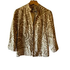 Chicos Linen Silk Abstract Print Collarless Jacket Blazer Size 0 Tan White READ