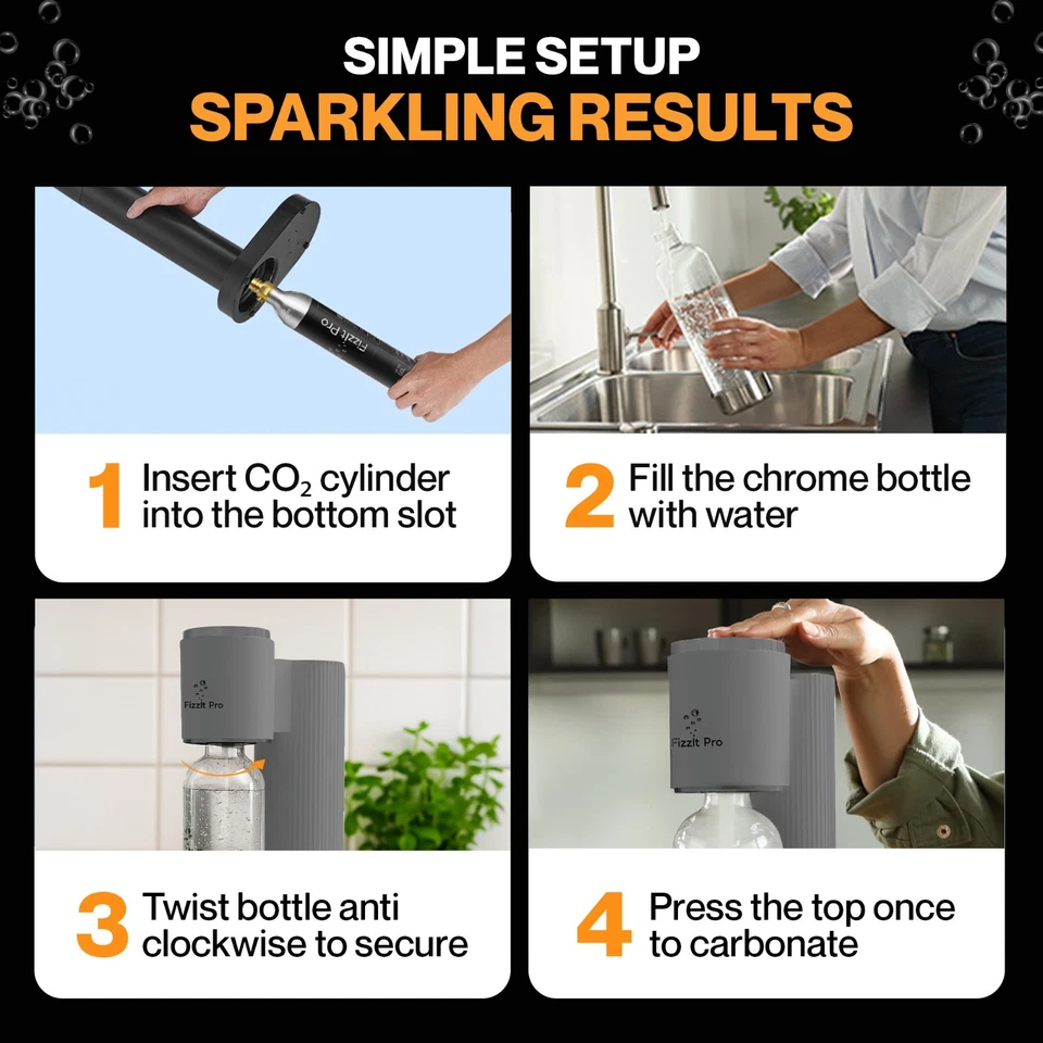 FizzitPro Sparkling Water Soda Maker +  CO₂ Gas Cylinder & BPA-Bottle -BLACK - Image 4 of 4
