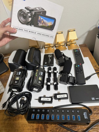 8K Camcorder Kit WiFi Mics Capture Card USB Hub + Full Setup Bundle