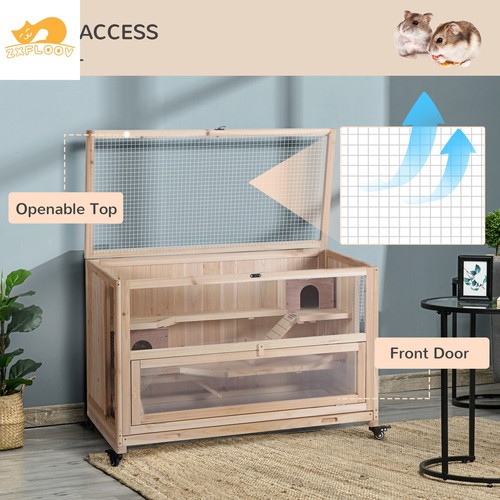 Multi-Level Wooden Hamster Cage w/ Lockable Wheels, Ventilated Design