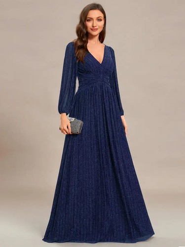 Elegantes Abendkleid, tiefer V-Ausschnitt, Langarm Slim Fit Brautjungfernkleid - Bild 10 von 22