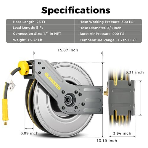 Retractable Air Hose Reel 3/8 in &Atilde;&mdash; 25 Ft Hybrid Hose Heavy Duty Steel Air Compr