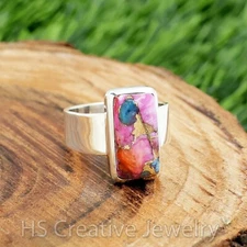 Kingman Pink Dahlia Turquoise 925 Sterling Silver Handmade Ring for Women
