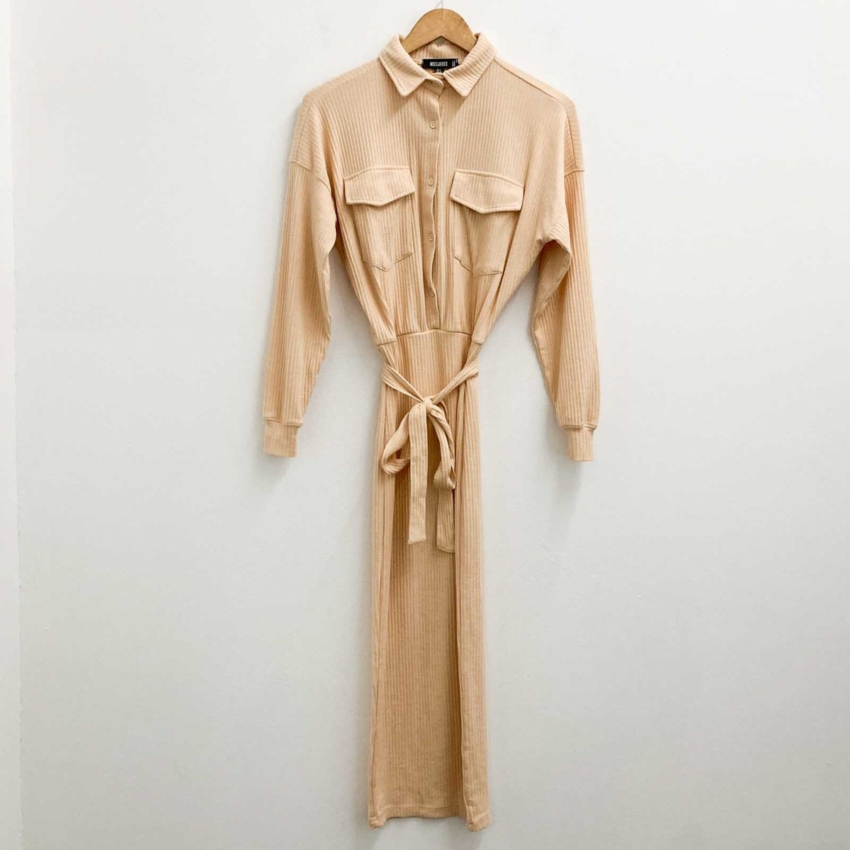 Missguided Light Peach Collared Ribbed Long Sleeve Midi Dress UK