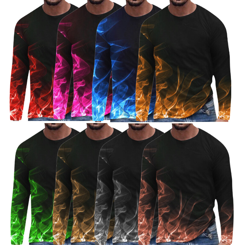 Flame Printed Long Sleeve Loose Men's 3D T Shirt Crewneck Flame Printed Long Sleeve Loose Men's 3D T Shirt Crewneck