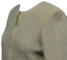 ST. JOHN Sz 4 Knit Off White Blazer Full Zip Jacket USA Long Sleeve Ties Zig Zag