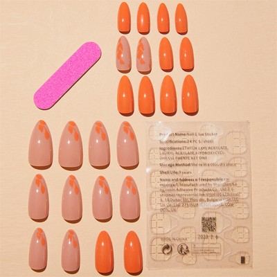 Faux Ongles En Forme D'amande Orange A27 - Lot De 24 Pièces Avec Colle - Prêts à Poser !