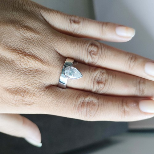 Chunky Wedding Band Bezel Set Solitaire Pear Cut Moissanite Thick Band Ring 925 - Picture 9 of 14