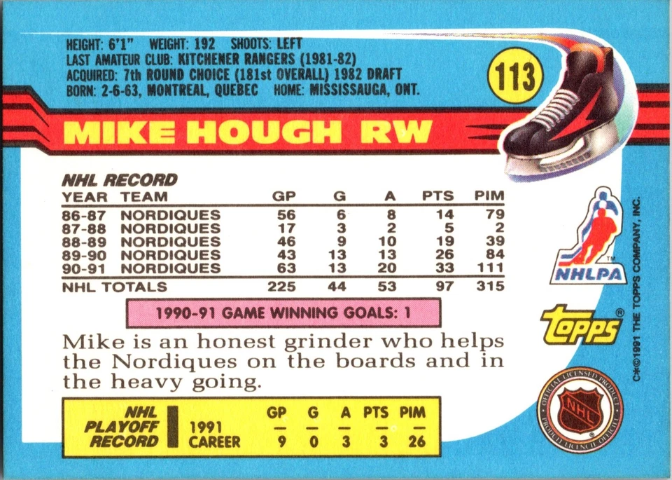 1991-92 Topps - #113 Mike Hough - Image 2 of 2