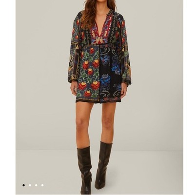 Farm Rio Mixed Arabesque Scarves Floral Print Mini Dress Bohemian Chic Sz S New