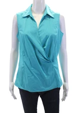 Talbots Womens Cotton Sleeveless Pleated Detail Collared Blouse Blue Size 8