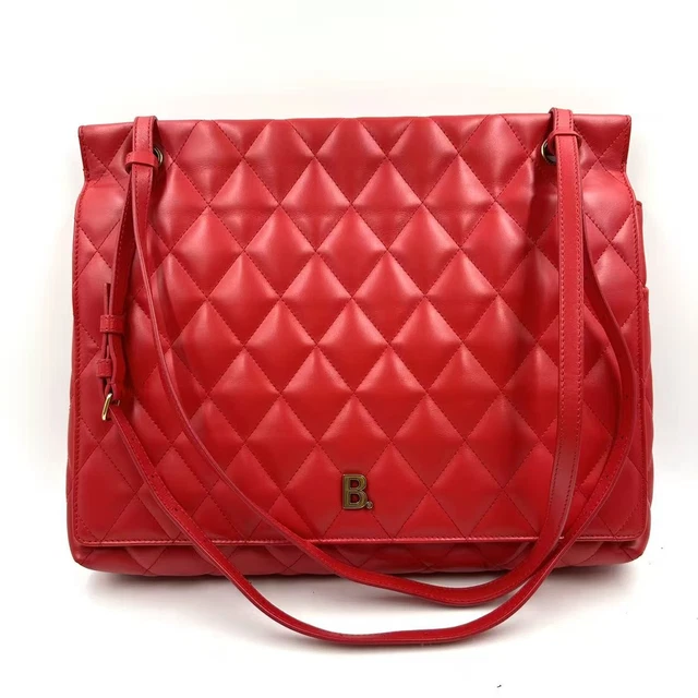 9.10 Live Balenciaga Nappa Calfskin Quilted Touch B Shoulder Bag Bright Red