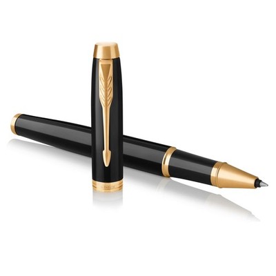 IM Rollerball Pen, Black Lacquer Gold Trim with Fine Point Black Ink Refill, Gif