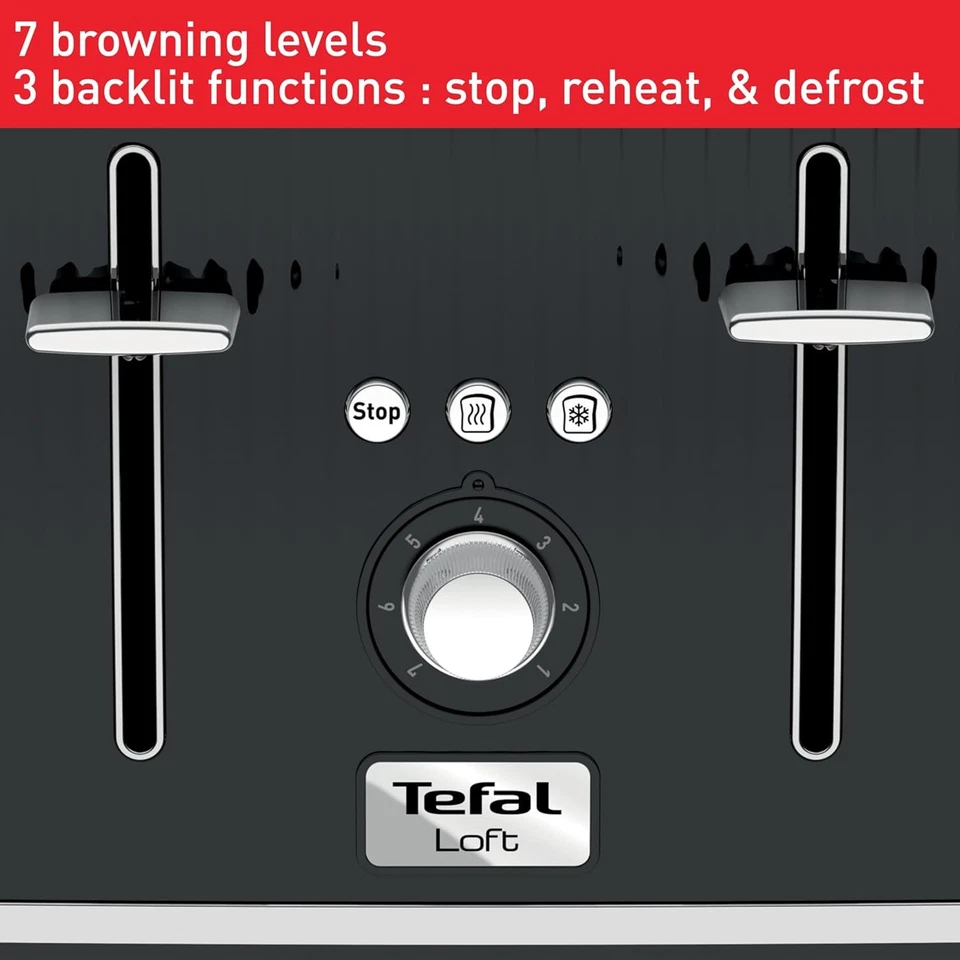 Tefal Loft 4-Slot Toaster, 7 Browning Levels, Defrost, Stop + Reheat Black  - Image 4 of 4