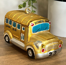 School Bus ORNAMENT Hand Painted Blown Glass Ornament 6" Jewels Glitter